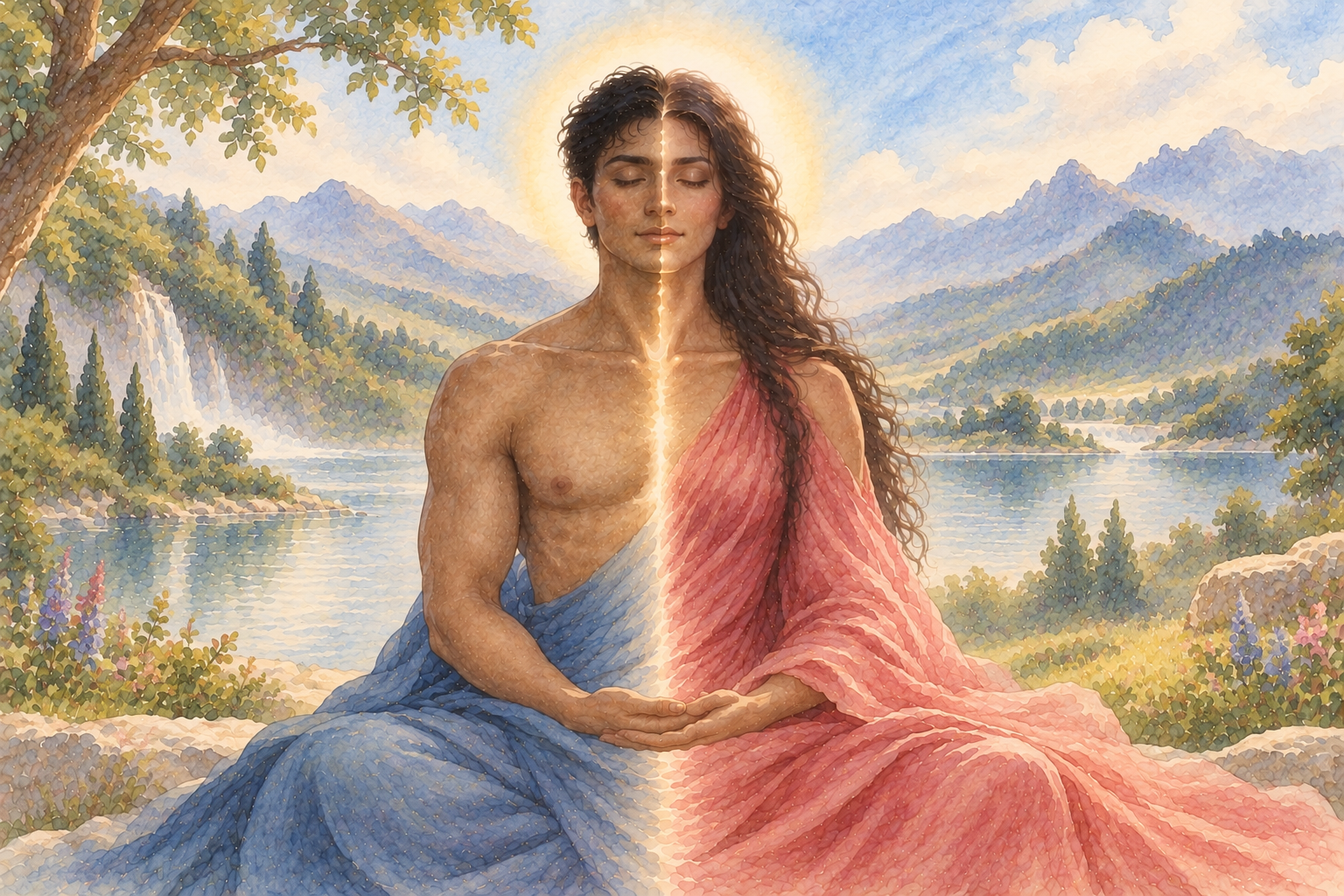 A watercolour of a serene meditating figure, one half masculine in blue and the other feminine in rose, joined by a luminous seam of golden light before mountains and a lake