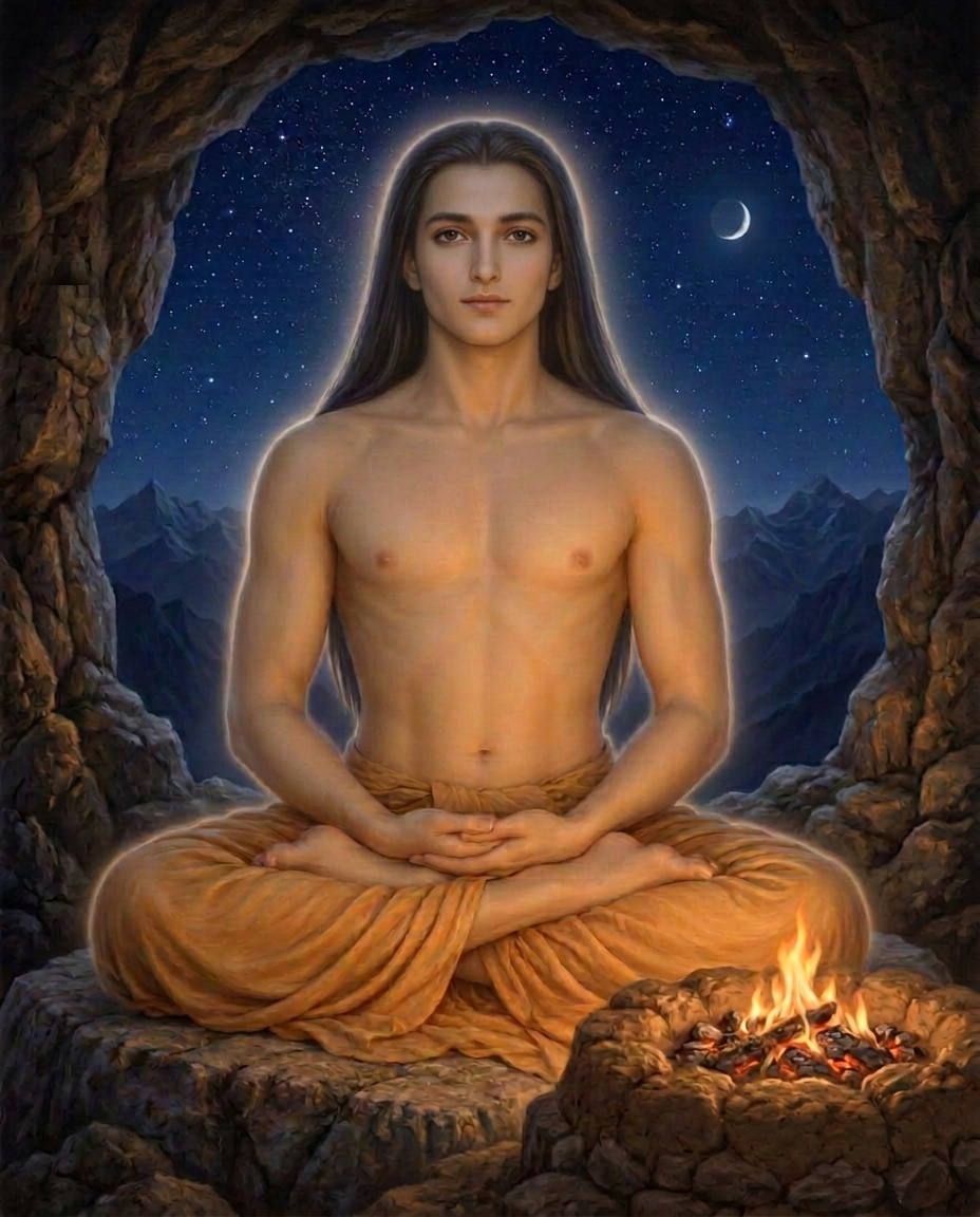 Mahavatar Babaji seated in lotus posture at a Himalayan cave entrance beside a traditional yogi dhuni beneath the stars