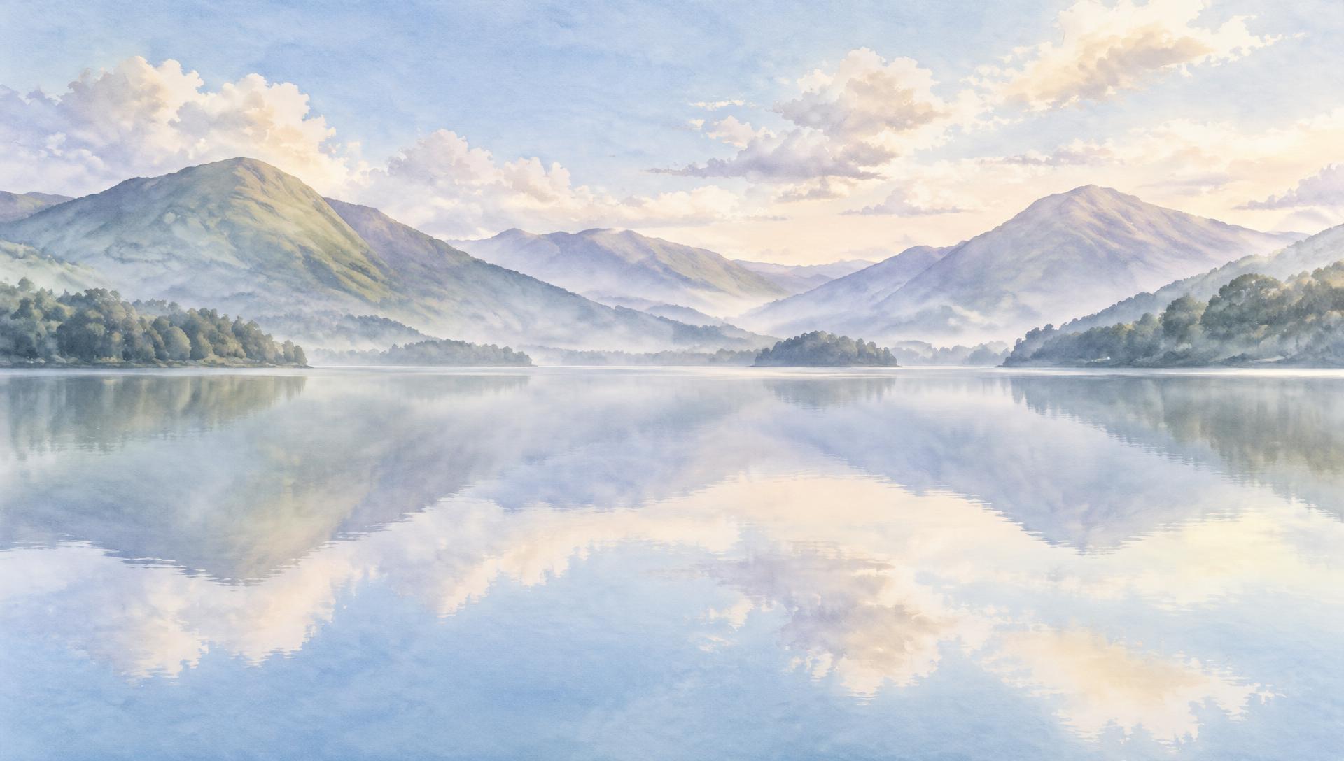 A pale watercolour view across a clean, still Lake District lake toward softly layered green fells