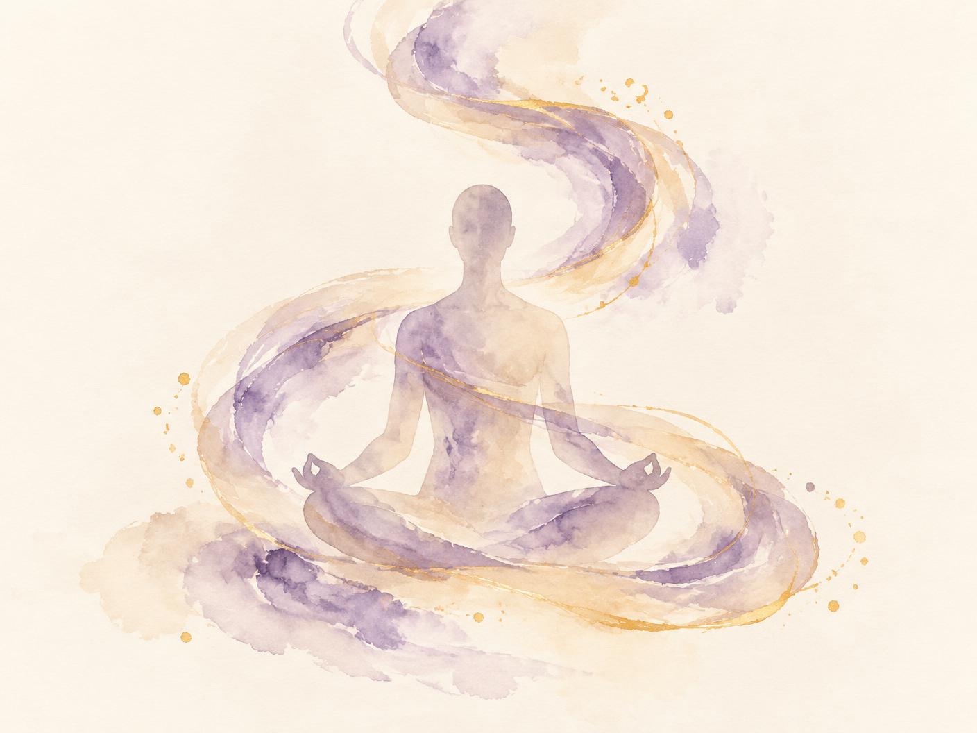 A watercolour of a seated meditator wrapped in swirling purple and gold currents of light