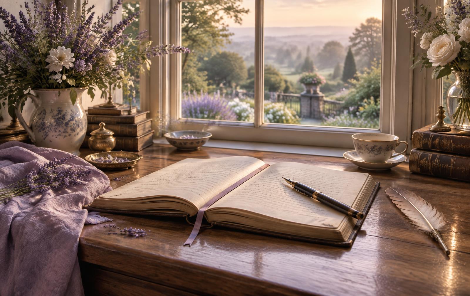 An open journal, pen, and quill on a wooden desk beside a garden window