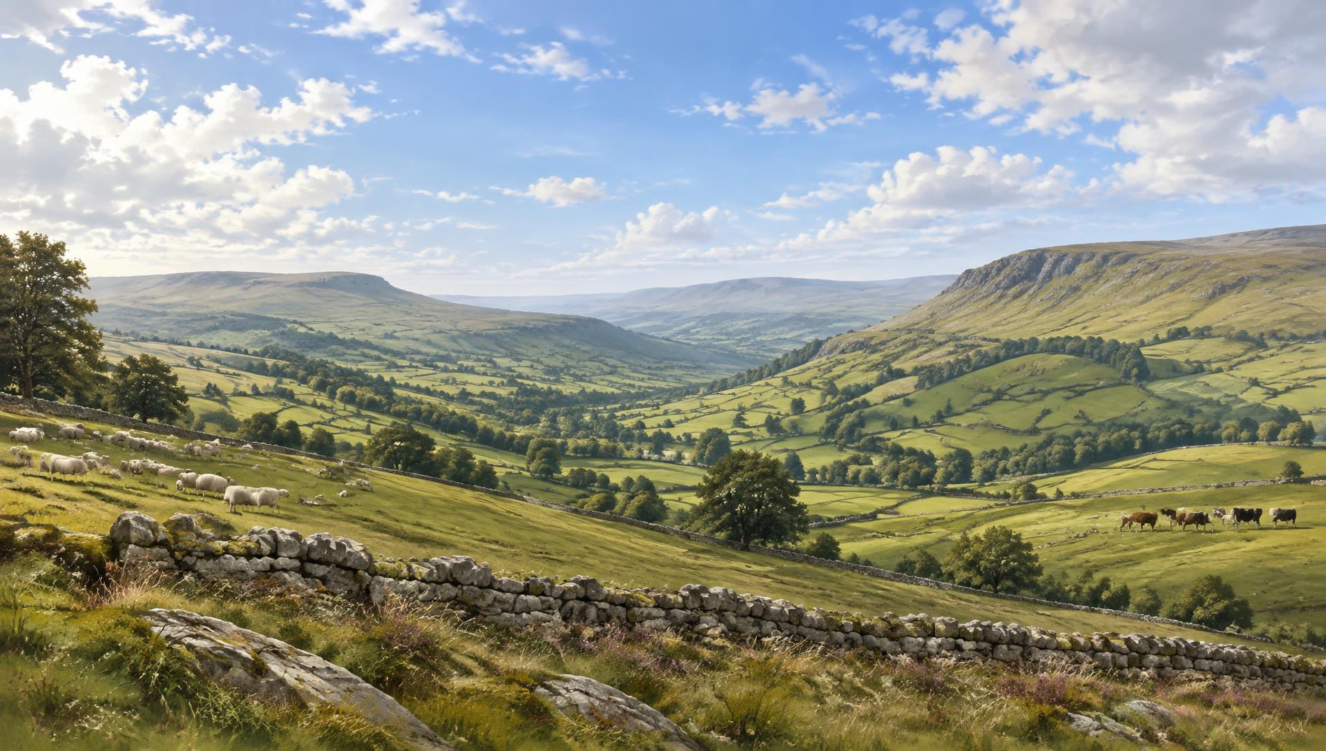 A sweeping fine-art view across the Yorkshire Dales, with sheep grazing separately from cattle beneath a broad blue sky